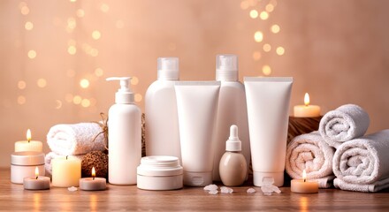 Photo of Spa still life with white cosmetic products, rolled towels, and burning candles on a wooden