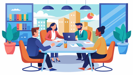 Vector art of a group of diverse business professionals sits around a table, actively participating in a productive office meeting