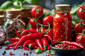 A glass jar filled with vibrant homemade chili sauce sits amidst red chilies, tomatoes, and peppercorns.