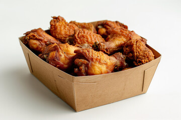 A cardboard container overflowing with golden-brown, crispy fried chicken wings.
