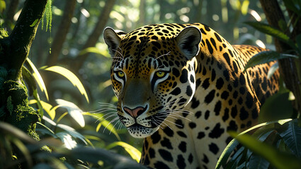 Powerful Jaguar Staring Forward in a Dense Green Rainforest with Sunlit Foliage and Moss-Covered Trees in Photorealistic Detail