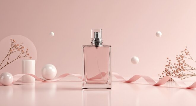 Photo of Elegant perfume bottle with pink ribbon, spheres, and flowers on a pink background