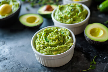 Creamy guacamole in white bowls.