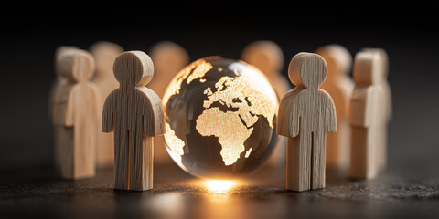 Glowing globe surrounded by wooden human figures symbolizes global unity and collaboration
