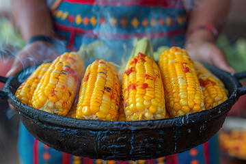 Close-up of four delicious grilled corn on the cob, steaming hot in a dark pan.