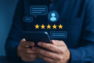 Customer leaving a five star review and feedback on a smartphone screen