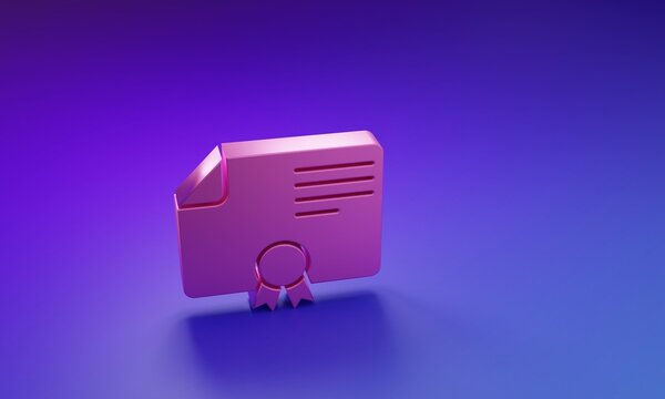 Pink Certificate template icon isolated on purple-blue background. Achievement, award, degree, grant, diploma. Business success certificate. Minimalism concept. 3D render illustration