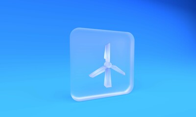 Frosted glass Wind turbine icon isolated on blue background. Wind generator sign. Windmill silhouette. Windmill for electric power production. Square frosted glass button. 3D render illustration
