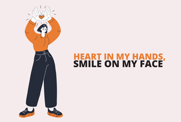 Cartoon vector illustration of a woman forming a heart with her hands as a metaphor for expressing love, kindness, and compassion