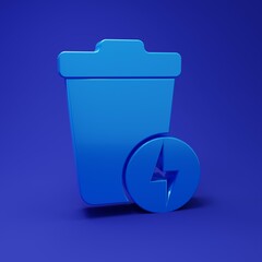 Blue Lightning with trash can icon isolated on blue background. Waste to energy. Garbage bin sign. Recycle basket sign. Minimalism concept. 3D render illustration