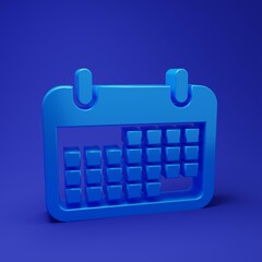 Blue Calendar icon isolated on blue background. Minimalism concept. 3D render illustration