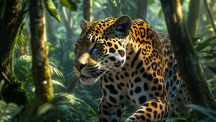 Powerful Leopard in Restful Pose on a Textured Tree Branch, Surrounded by a Soft, Dreamy Sunset Landscape