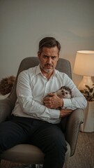 Fototapeta premium Man in white shirt sitting in chair holding a hedgehog with a lamp and plant in the background
