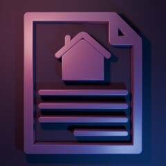 Purple House contract icon isolated on purple-blue background. Contract creation service, document formation, application form composition. Minimalism concept. 3D render illustration