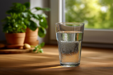 A refreshing glass of sparkling water sits on a wooden table next to potted plants and a window, offering a bright and natural scene.