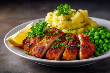 Crispy cutlet with mashed potatoes, green peas, and a lemon wedge, garnished with fresh parsley on a white plate on a neutral surface.