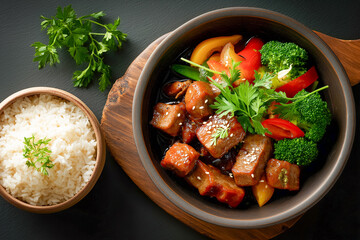 Bowl of Asian-inspired meal with steamed rice, glazed meat cubes, broccoli, peppers, snow peas, sesame seeds, and parsley.