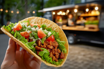 A savory taco filled with seasoned meat, fresh lettuce, tomatoes, and onions, ready to be enjoyed outdoors. Perfect street food!