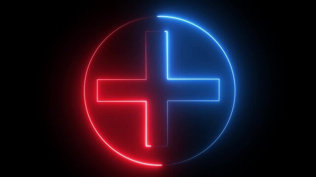 Neon Plus Sign in Circle Blue Red Glowing Symbols on Black Background Technology Finance glowing circle