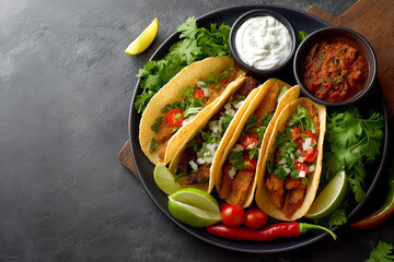 Delicious tacos on a plate with vibrant garnishes, a tempting salsa, and cool sour cream. A culinary delight!
