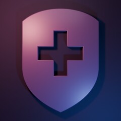 Obraz premium Purple Medical shield with cross icon isolated on purple-blue background. Protection, safety, password security. Minimalism concept. 3D render illustration