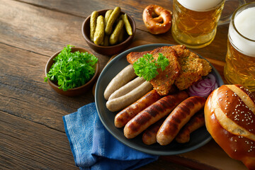 German Feast: Sausages, cutlets, pickles, parsley, pretzel and beer. A delicious, traditional meal for Oktoberfest with hearty flavors.