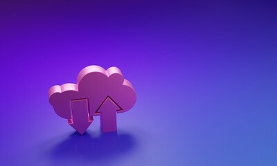 Pink Cloud download and upload icon isolated on purple-blue background. Minimalism concept. 3D render illustration
