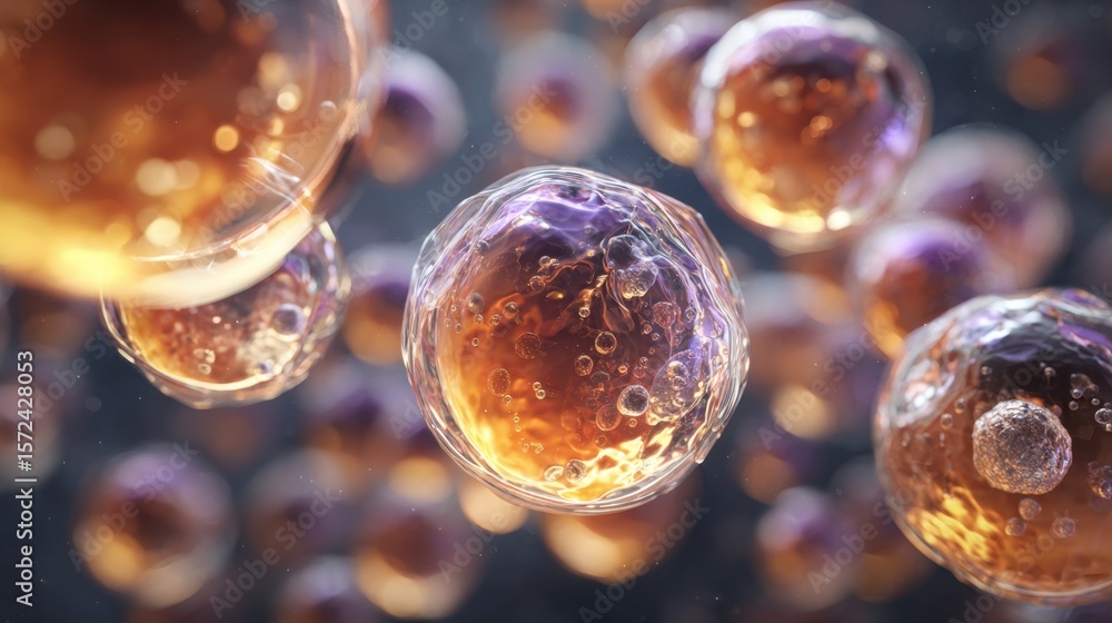 Poster closeup visualization of dynamic cosmetic spheres interacting with skin cells showcasing an advanced