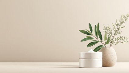 Beige backdrop, cream jar, & greenery
