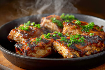 Close-up of juicy ribs with barbecue sauce, garnished with fresh parsley, served in a cast iron skillet.