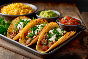 Authentic street tacos on a tray, filled with savory meat, fresh cilantro, and queso fresco. Side dishes include guacamole, salsa, and corn.