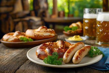 Delicious German Meal: Pretzels, Sausages, Beer. Perfect for celebrations, picnics, or any social gatherings with friends.
