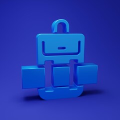 Fototapeta premium Blue Hiking backpack icon isolated on blue background. Camping and mountain exploring backpack. Minimalism concept. 3D render illustration