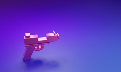 Pink Pistol or gun icon isolated on purple-blue background. Police or military handgun. Small firearm. Minimalism concept. 3D render illustration