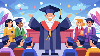 Obraz premium Vector art of a triumphant graduate stands proudly before an applauding audience, basking in the glow of their hardearned success