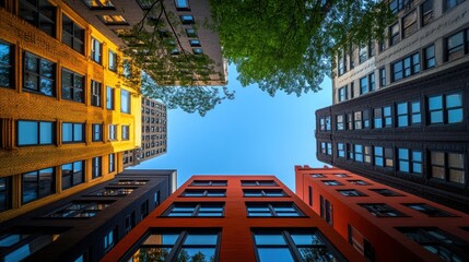 Urban buildings cluster, looking up. Colorful apartment buildings, vibrant, city, framed by trees, sky