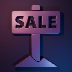 Purple Hanging sign with text Sale icon isolated on purple-blue background. Signboard with text Sale. Minimalism concept. 3D render illustration