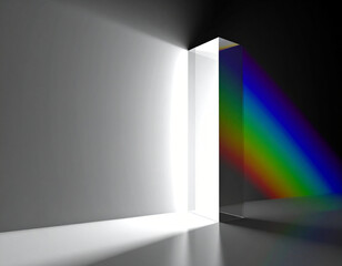 Fototapeta premium A striking visual of pure white light refracting through a clear rectangular prism, beautifully dispersing into a vibrant rainbow spectrum against a dark background, illustrating optical physics.