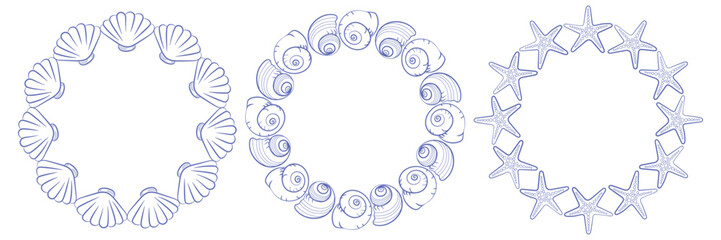 Set of three round marine frames made of seashells, spiral shells and starfish. Hand drawn nautical wreaths in blue outline. Perfect for summer, sea decor, cards and beach wedding design.