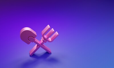 Pink Shovel and rake icon isolated on purple-blue background. Tool for horticulture, agriculture, gardening, farming. Ground cultivator. Minimalism concept. 3D render illustration