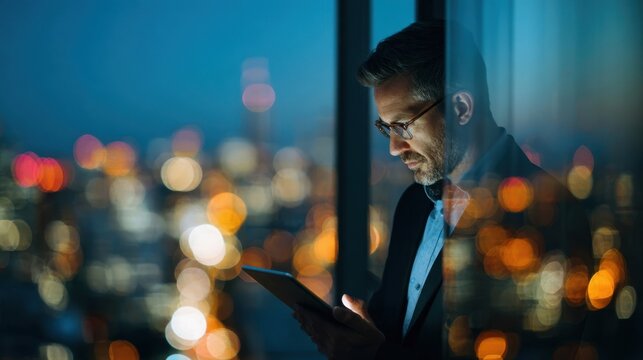 In a highrise office setting a financial analyst intently studies data trends on a tablet with sparkling urban lights reflecting the energy of the city great for corporate finance visuals.