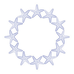 Round starfish frame in elegant line style. Marine hand-drawn wreath ideal for beach invitations, summer designs, or nautical branding.