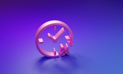 Pink Clock 24 hours icon isolated on purple-blue background. All day cyclic icon. 24 hours service symbol. Minimalism concept. 3D render illustration