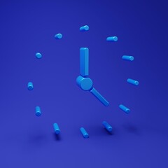Blue Clock icon isolated on blue background. Time symbol. Minimalism concept. 3D render illustration
