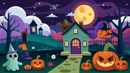 Vector art of a charming halloween night scene features a whimsical green house, glowing jackolanterns, and playful ghosts under a bright moon