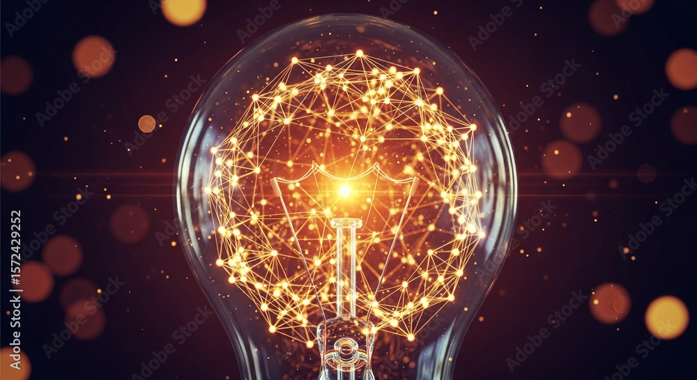 Poster close-up of illuminated lightbulb showcasing interconnected nodes, symbolizing network, innovation, 