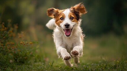 Happy dog running freely in a green field.