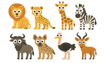 Colorful cartoon safari animals: lion, cheetah, giraffe, zebra, wildebeest, hyena, ostrich, antelope