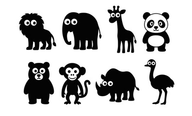 Fototapeta premium Adorable black silhouette cartoon animals illustrated with big eyes