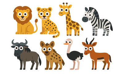 Cute cartoon safari animals collection featuring lion, giraffe, zebra, cheetah, and more